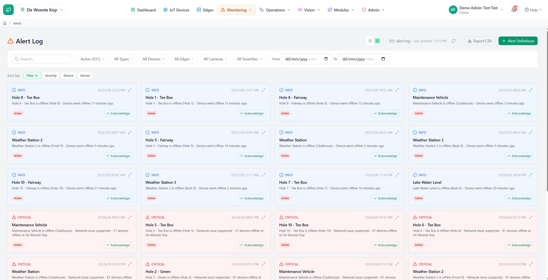 Event log of captured detection clips with timestamps and alert status