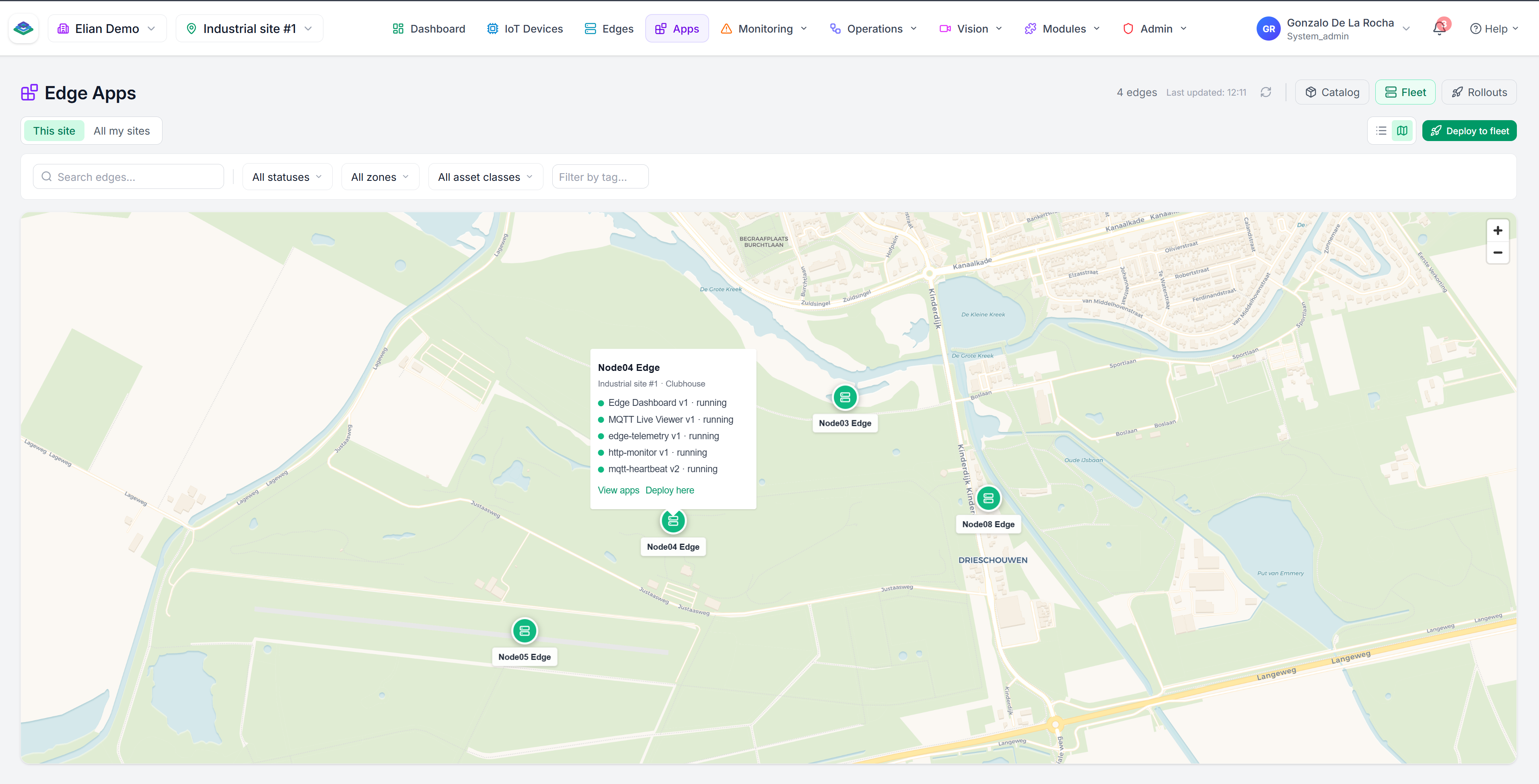 Fleet map showing edge sites and the applications each one runs